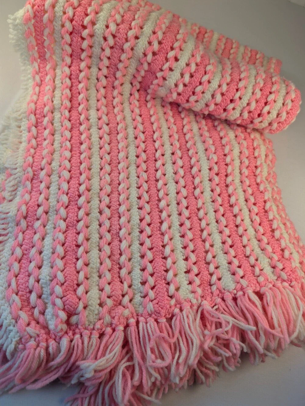 Handmade Cottagecore OOAK Pink and White Crochet Throw Blanket with Fringe
